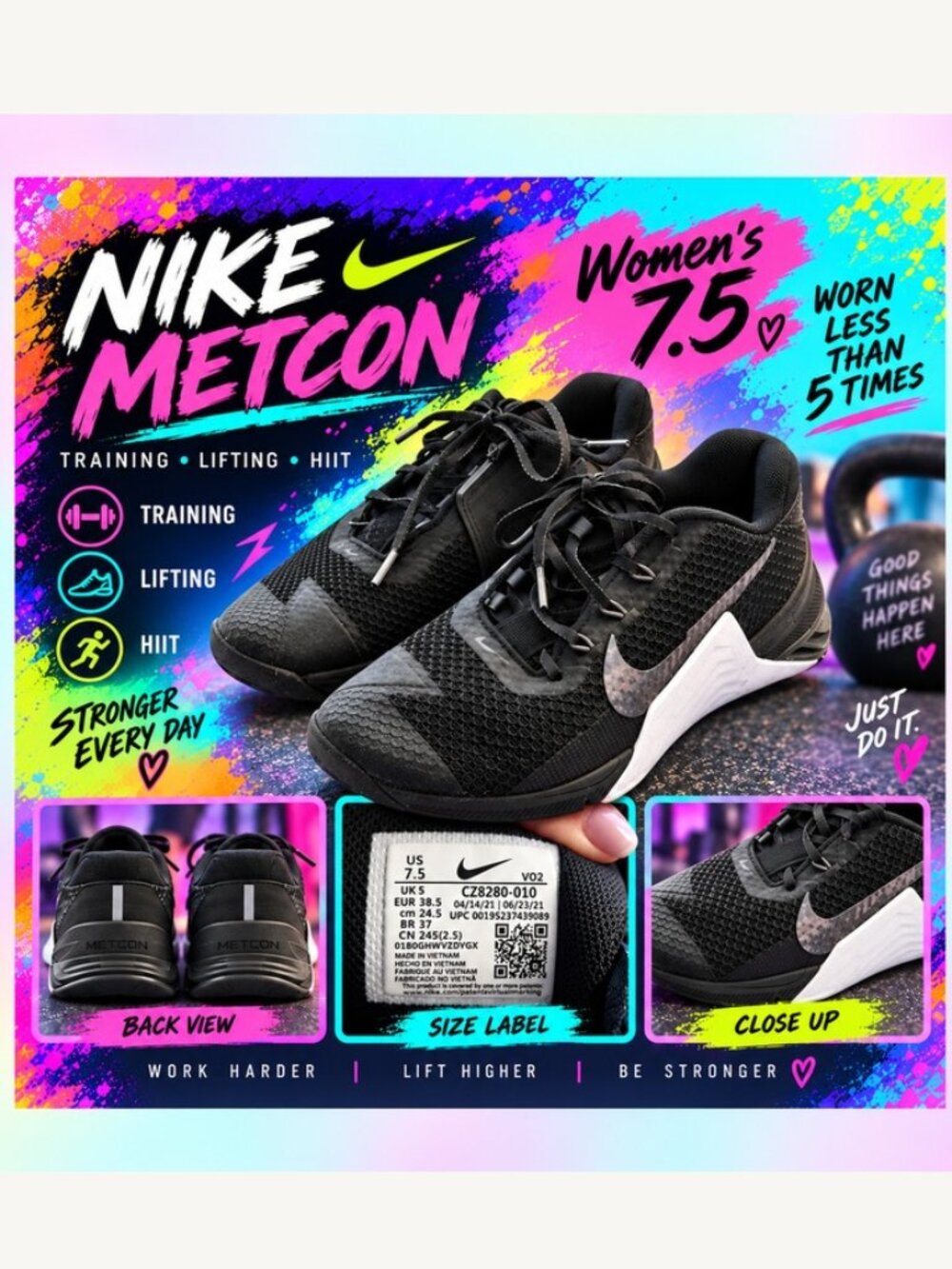 Nike Metcon Training Shoes Women’s 7.5 Black White Cross Training Sneakers